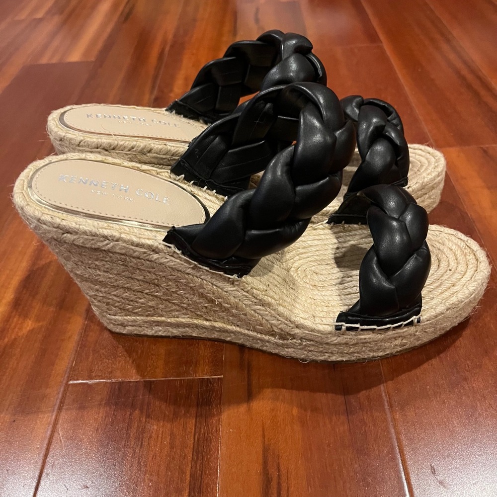 Black Espadrille Wedge Sandals Shoes Kenneth Cole Olivia Braid Rattan New Sz 9.5